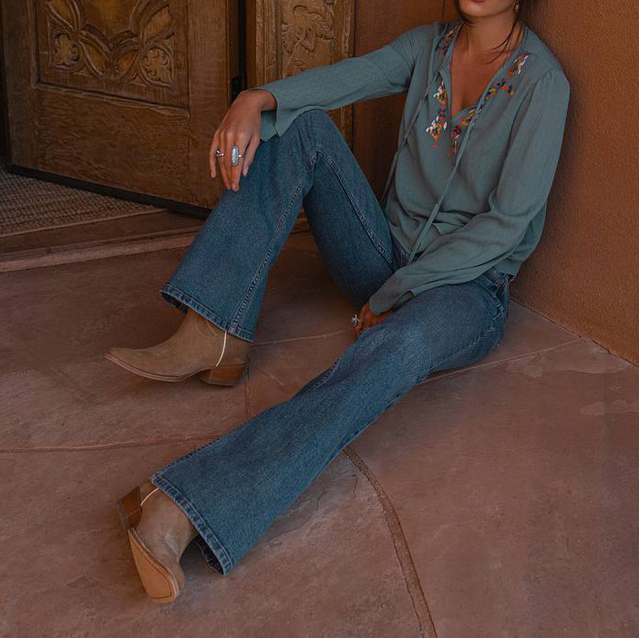 Embroidered Tie Neck Bell Sleeve Womens Top