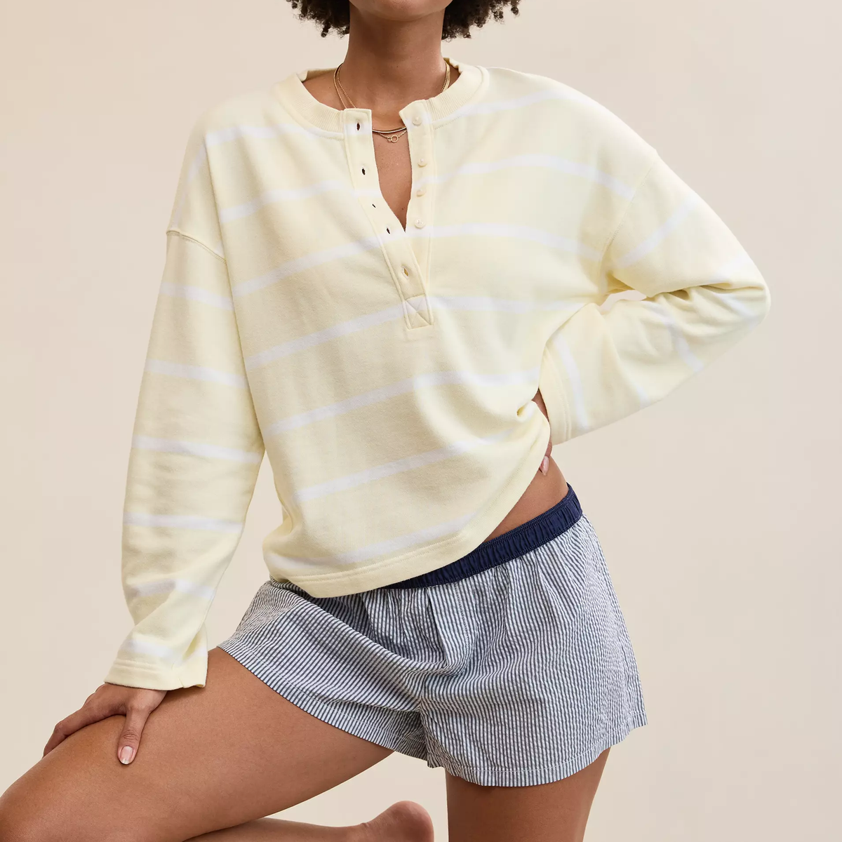Striped Henley Long Sleeve Sweatshirt
