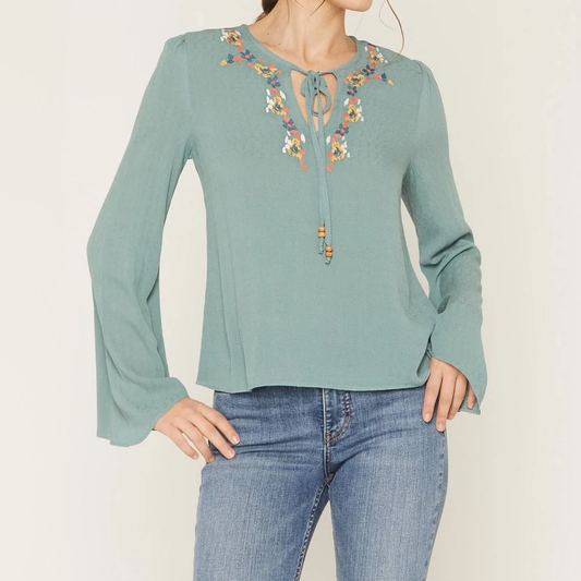 Embroidered Tie Neck Bell Sleeve Womens Top