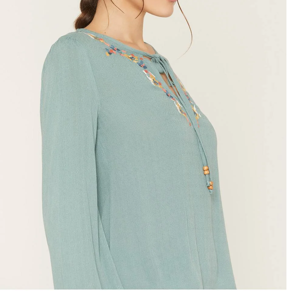 Embroidered Tie Neck Bell Sleeve Womens Top