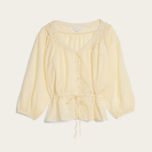 Lace Trim 3/4 Sleeve Lace-Up Blouse