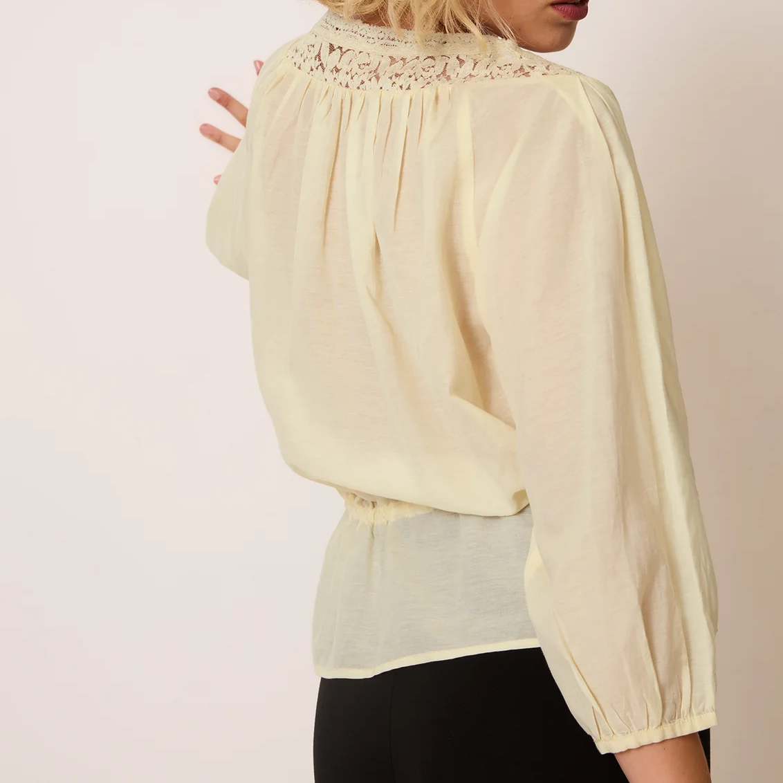 Lace Trim 3/4 Sleeve Lace-Up Blouse
