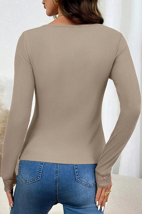 Lace Trim Ribbed Long Sleeve Womens Top