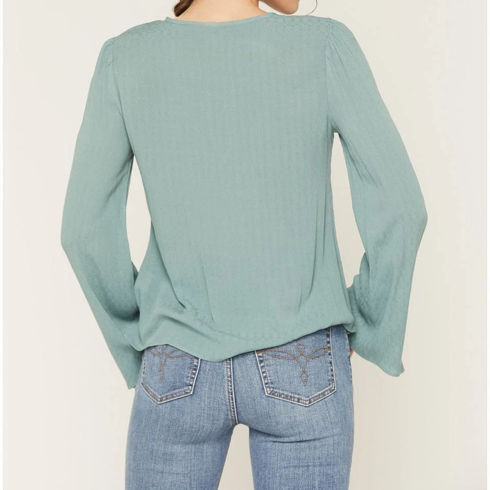 Embroidered Tie Neck Bell Sleeve Womens Top
